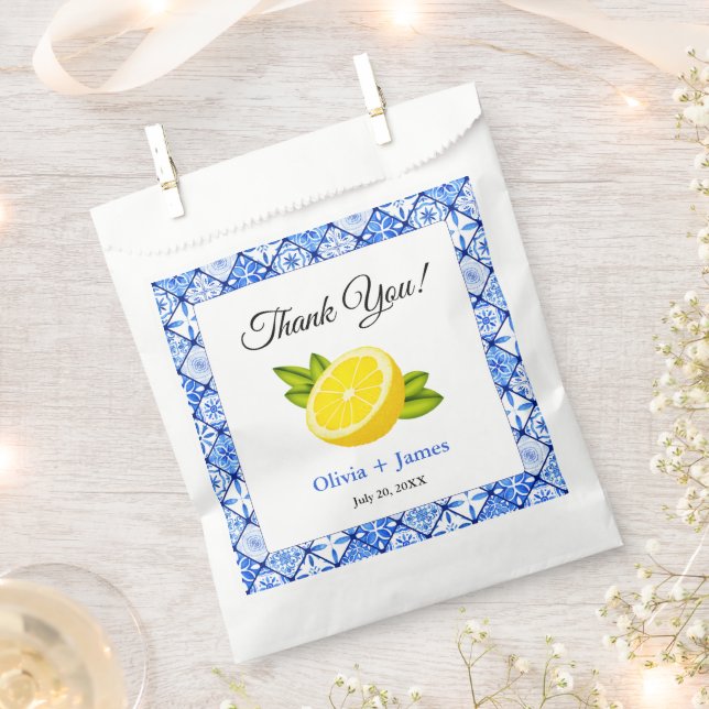 Mediterranean Blue Tile Lemon Thank You Wedding Favor Bag (Clipped)