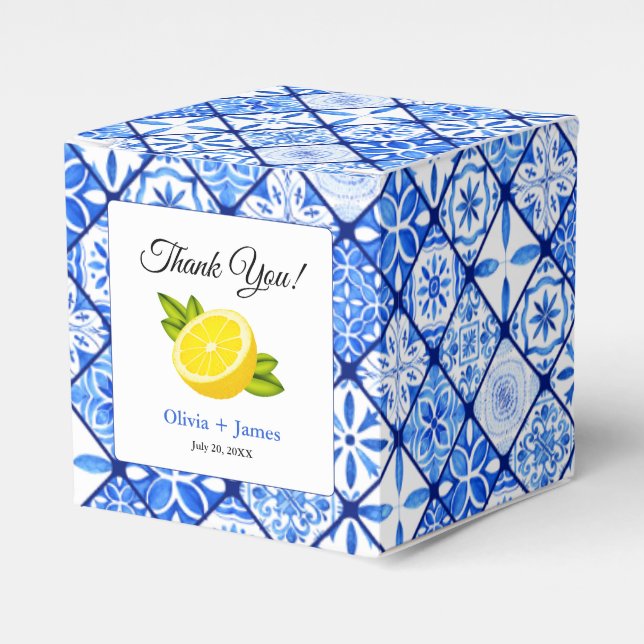 Mediterranean Blue Tile Lemon Thank You Wedding Favor Boxes (Front Side)