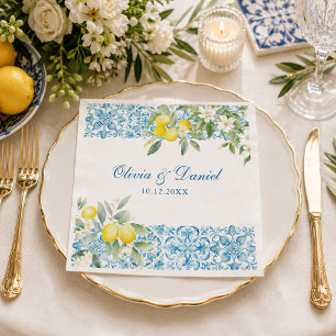 Mediterranean Blue Tile & Lemon Wedding Napkin