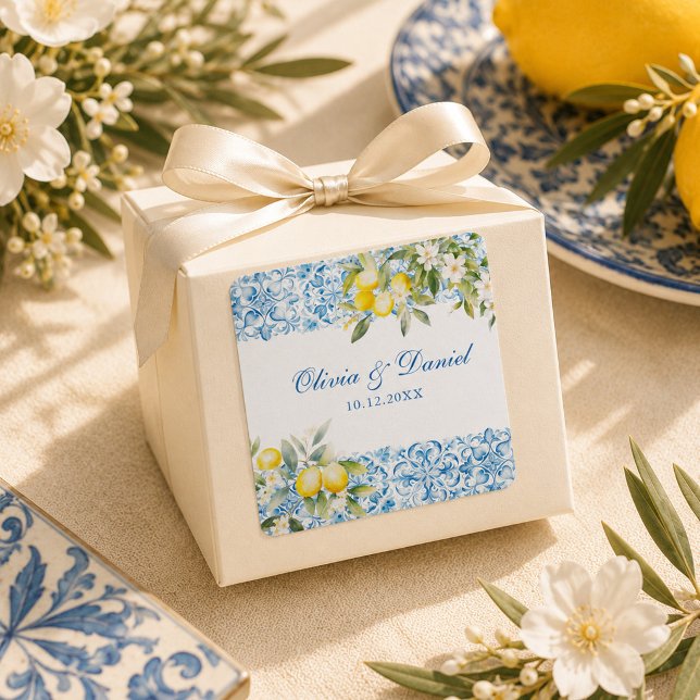 Mediterranean Blue Tile & Lemon Wedding Square Sticker (Mediterranean Blue Tile & Lemon Wedding Square Sticker on a gift box)