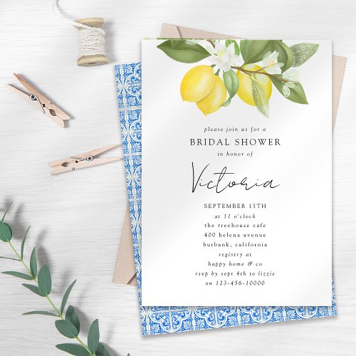 Mediterranean Blue Tile Lemons Bridal Shower Invitation