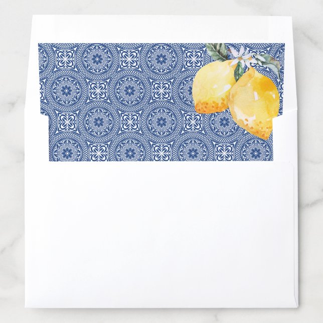 Mediterranean Blue Tile Lemons Italian Wedding Envelope Liner (In Envelope)