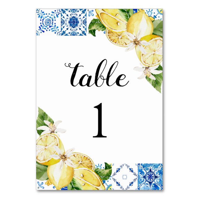 Mediterranean Blue Tile Lemons Table Number Cards (Back)