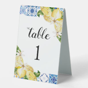 Mediterranean Blue Tile Lemons Table Number Cards Tent