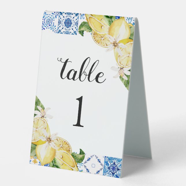 Mediterranean Blue Tile Lemons Table Number Cards Tent (Front)