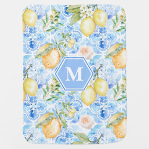 Mediterranean Blue Tile Limoncello Monogram Name Baby Blanket