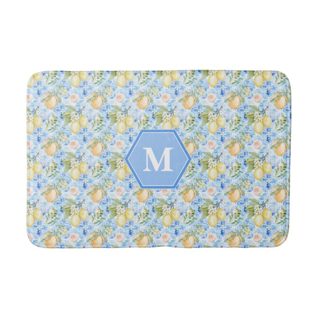 Mediterranean Blue Tile Limoncello Monogram Name Bath Mat (Front)