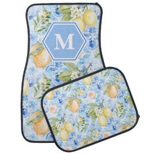 Mediterranean Blue Tile Limoncello Monogram Name Car Floor Mat