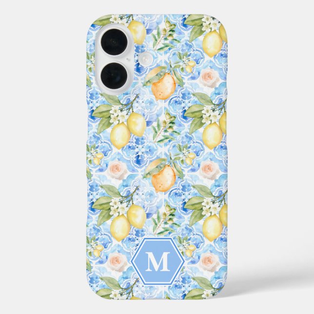 Mediterranean Blue Tile Limoncello Monogram Name Case-Mate iPhone Case (Back)