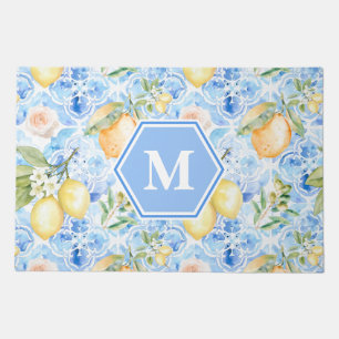 Mediterranean Blue Tile Limoncello Monogram Name Doormat