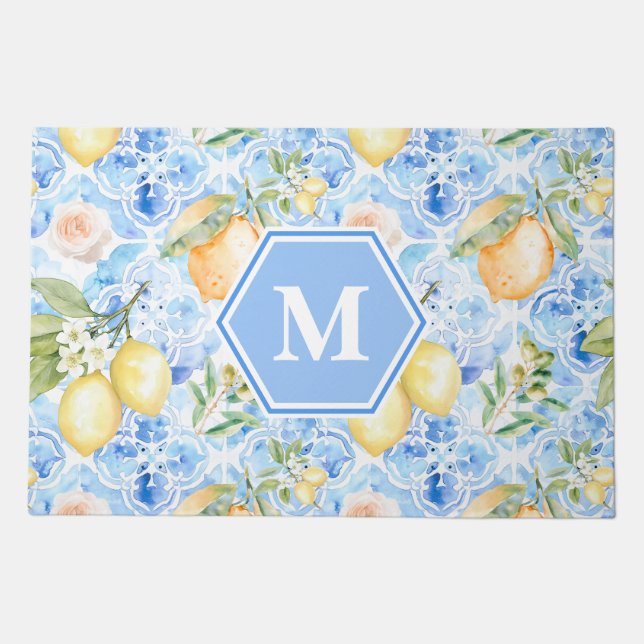 Mediterranean Blue Tile Limoncello Monogram Name Doormat (Front)