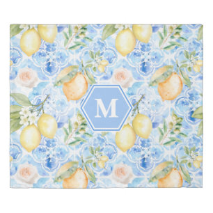 Mediterranean Blue Tile Limoncello Monogram Name Duvet Cover