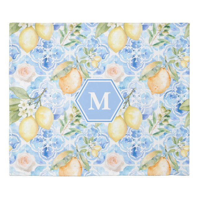 Mediterranean Blue Tile Limoncello Monogram Name Duvet Cover (Front)