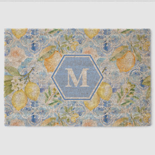 Mediterranean Blue Tile Limoncello Monogram Name Fiber Doormat