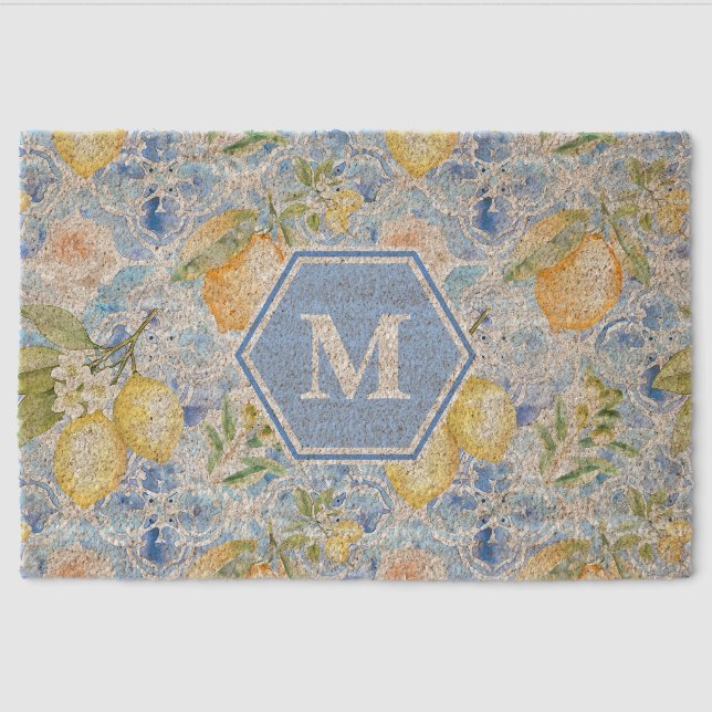 Mediterranean Blue Tile Limoncello Monogram Name Fiber Doormat (Front)