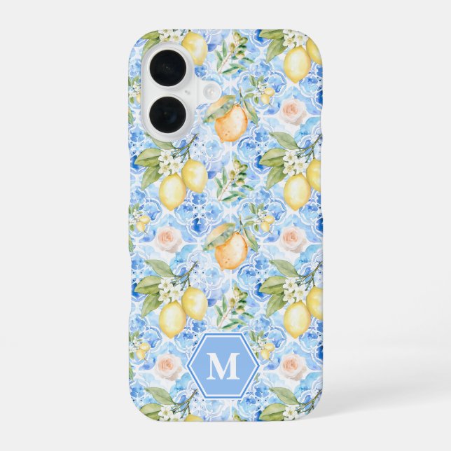 Mediterranean Blue Tile Limoncello Monogram Name Iphone Case (Back)