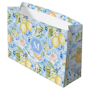 Mediterranean Blue Tile Limoncello Monogram Name Large Gift Bag
