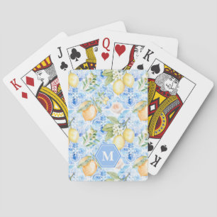 Mediterranean Blue Tile Limoncello Monogram Name Poker Cards