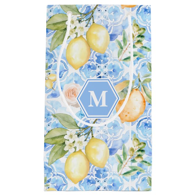Mediterranean Blue Tile Limoncello Monogram Name Small Gift Bag (Front)