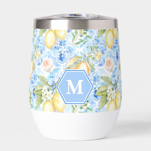 Mediterranean Blue Tile Limoncello Monogram Name Thermal Wine Tumbler
