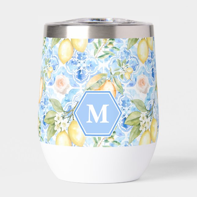 Mediterranean Blue Tile Limoncello Monogram Name Thermal Wine Tumbler (Front)