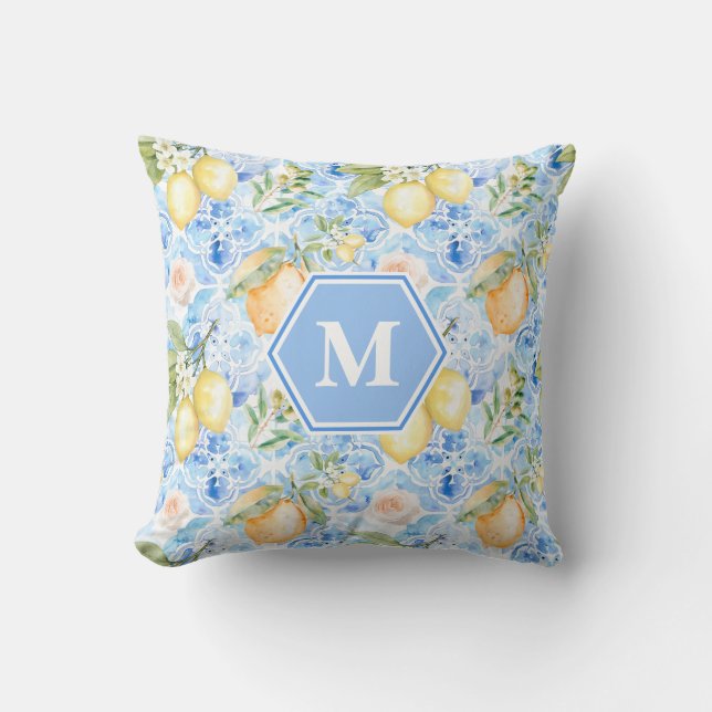 Mediterranean Blue Tile Limoncello Monogram Name Throw Pillow (Front)