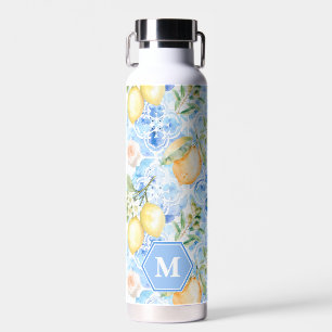 Mediterranean Blue Tile Limoncello Monogram Name Water Bottle