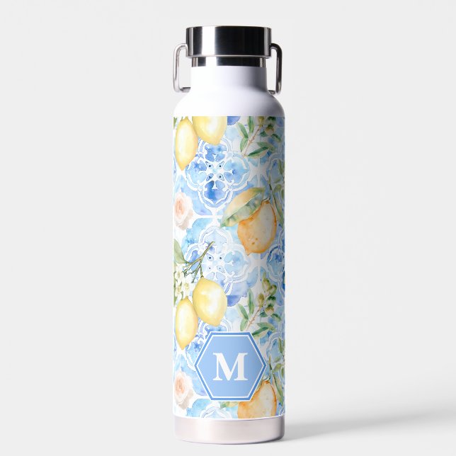 Mediterranean Blue Tile Limoncello Monogram Name Water Bottle (Front)