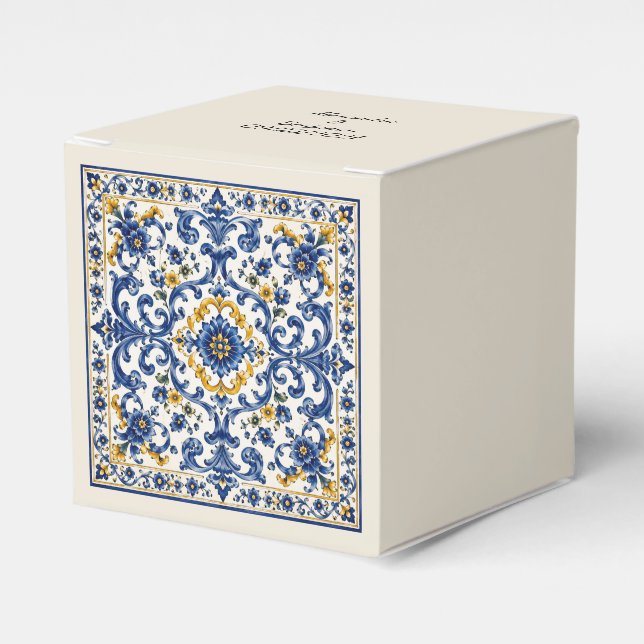 Mediterranean Blue Tile Pattern | Italian Ceramic  Favor Boxes (Front Side)