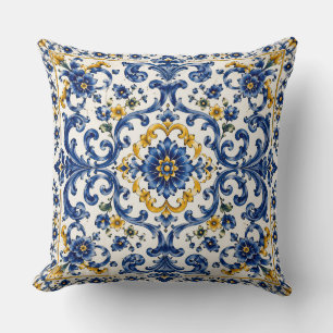Mediterranean Blue Tile Pattern Italian Ceramic Throw Pillow