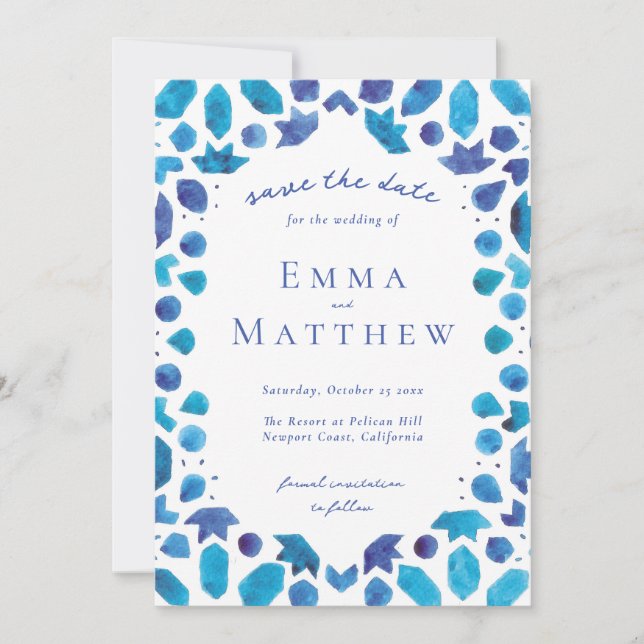 Mediterranean Blue Tile Pattern with QR Save The Date (Front)