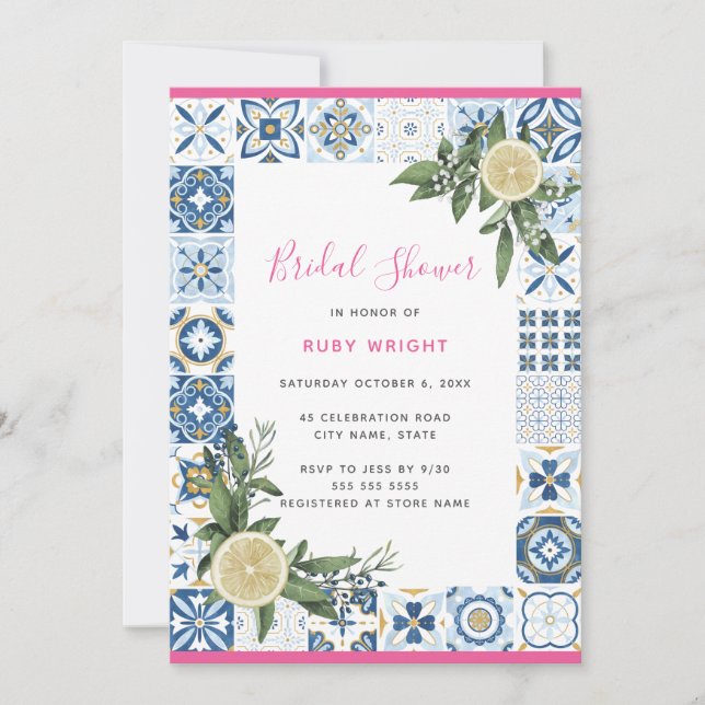 Mediterranean Blue Tile Pink Lemon Bridal Shower Invitation (Front)