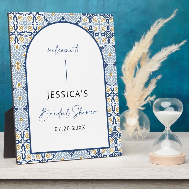 Mediterranean Blue Tile Summer Bridal Shower Sign Plaque (Side)