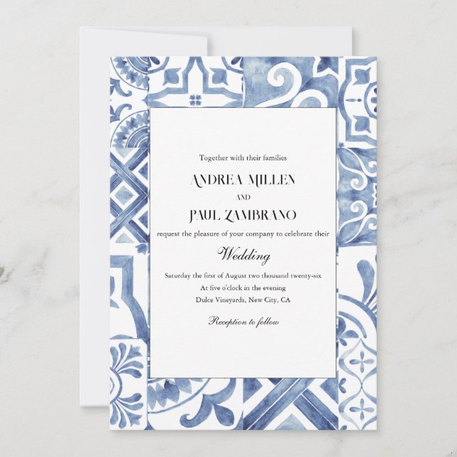 Mediterranean Blue Tile Wedding Invitation (Front)