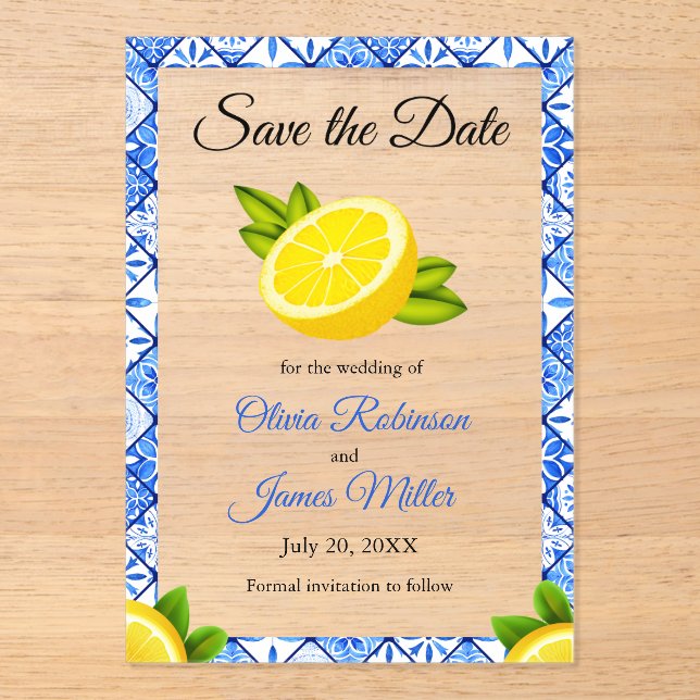 Mediterranean Blue Tile Wedding Save the Date (Front)