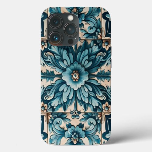 Mediterranean Blue Tile with Flower Pattern iPhone 13 Pro Case