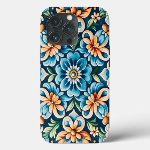 Mediterranean Blue Tile with Flower Pattern iPhone 13 Pro Case