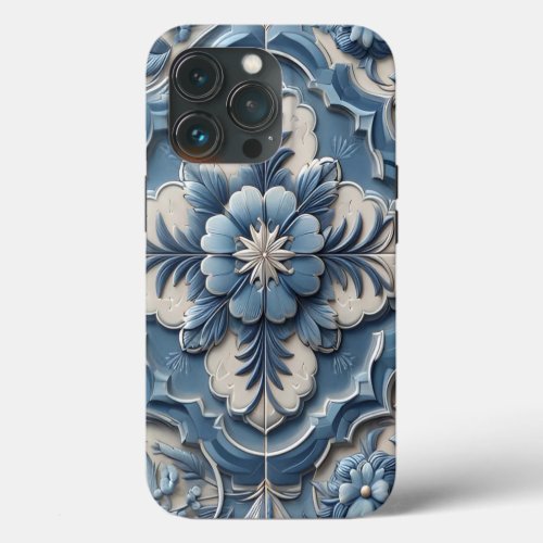 Mediterranean Blue Tile with Flower Pattern iPhone 13 Pro Case