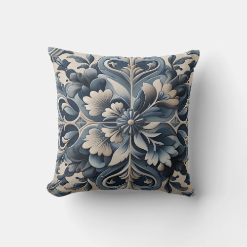 Mediterranean Blue Tile with Flower Pattern Throw Pillow
