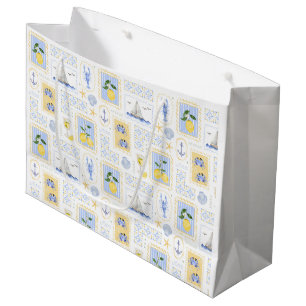 Mediterranean Blue Tile Yellow Lemon Coastal Large Gift Bag