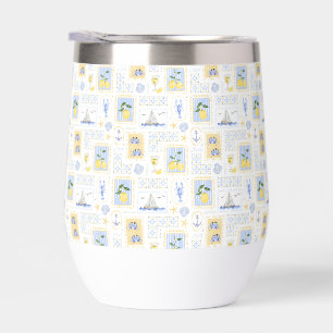 Mediterranean Blue Tile Yellow Lemon Coastal Thermal Wine Tumbler