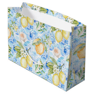 Mediterranean Blue Tile Yellow Lemon Watercolor Large Gift Bag