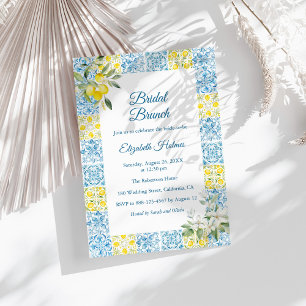 Mediterranean Blue Tiles and Lemons Bridal Brunch Invitation
