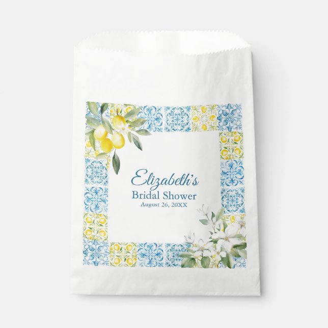 Mediterranean Blue Tiles and Lemons Bridal Shower Favor Bag (Front)