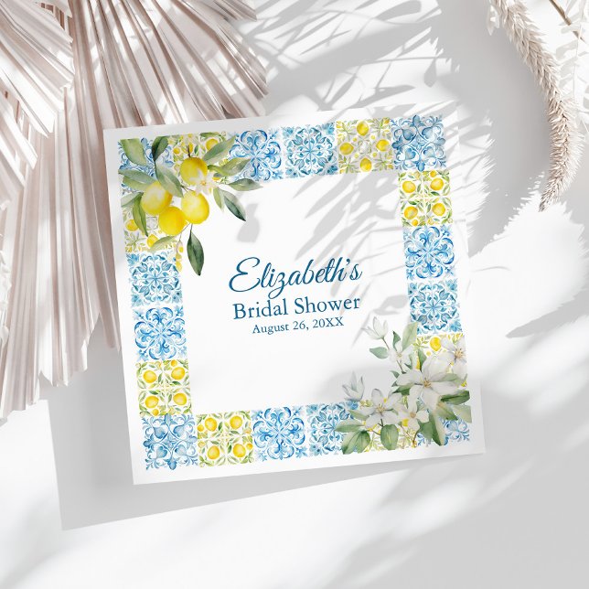 Mediterranean Blue Tiles and Lemons Bridal Shower Napkins (Mediterranean Blue Tiles and Lemons Bridal Shower Napkins on a sunny white table.)