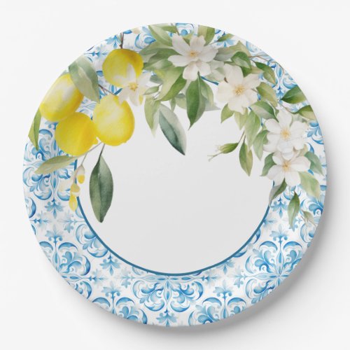 Mediterranean Blue Tiles and Lemons Bridal Shower  Paper Plates
