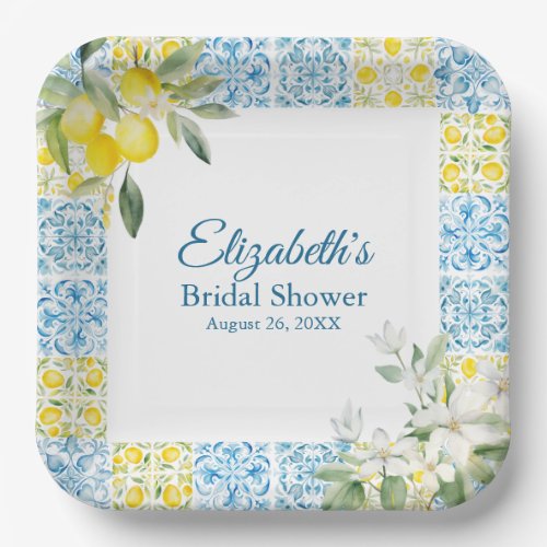 Mediterranean Blue Tiles and Lemons Bridal Shower Paper Plates
