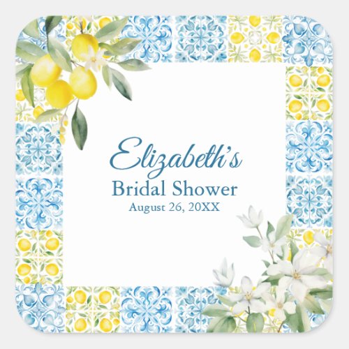 Mediterranean Blue Tiles and Lemons Bridal Shower Square Sticker