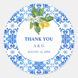 Mediterranean blue tiles and lemons wedding classic round sticker