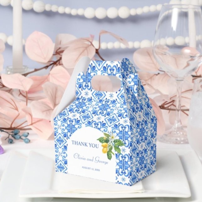 Mediterranean blue tiles and lemons wedding  favor boxes (Creator Uploaded)